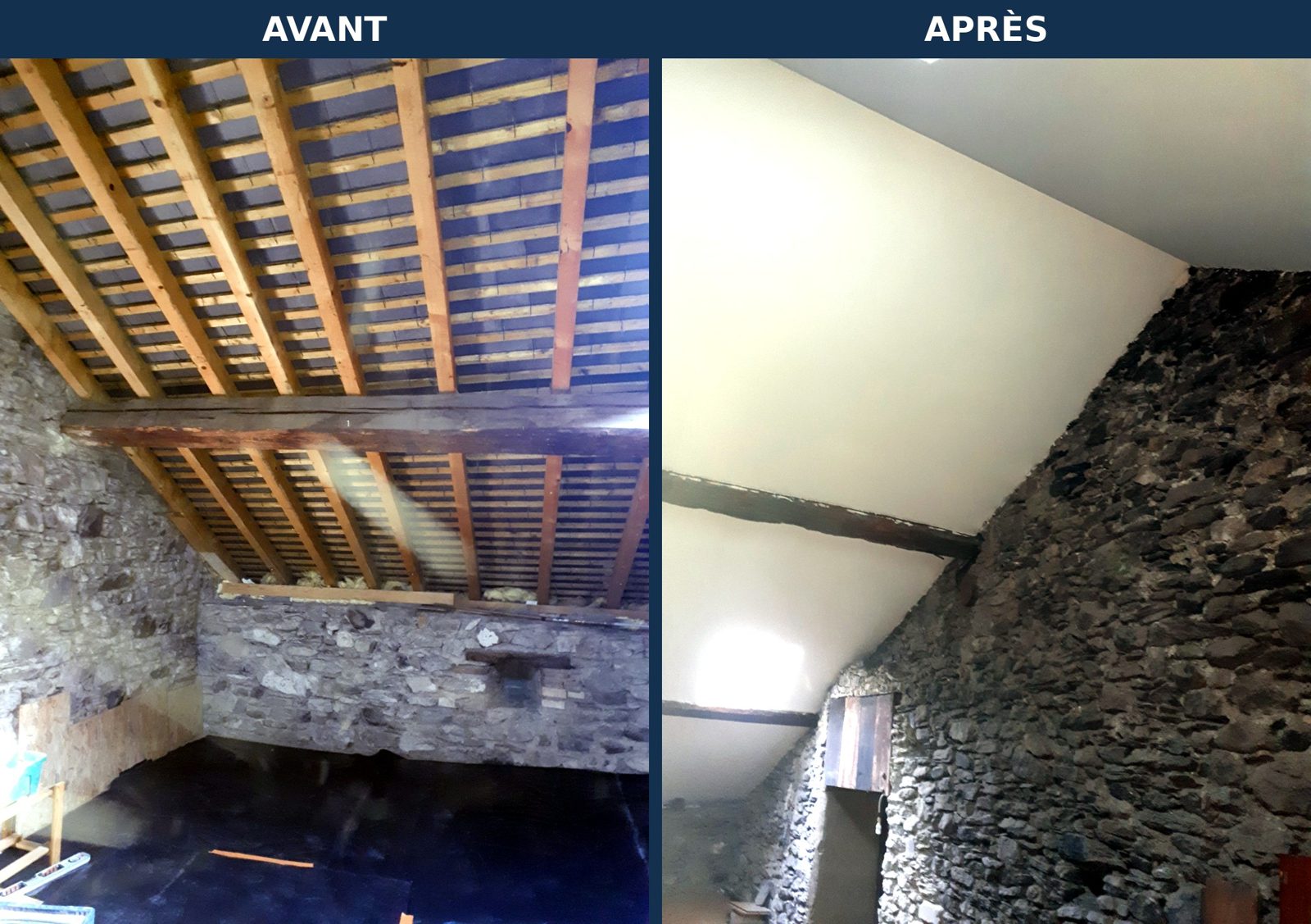 Avant et après : combles à la charpente nue, puis combles isolés et plaqués avec mur de pierre conservé